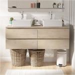 Meuble double vasque 120cm avec plan bois SORRENTO Décor chêne+vasque+robinet