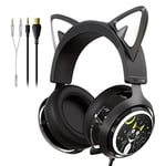 SOMiC GS510 Cat Headset, 3.5mm Wired Headphones with Retractable Mic Noise Cancelling, for Xbox One, PS5, PS4, PC, Black