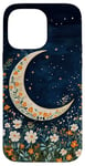 iPhone 14 Pro Max Floral Crescent Moon Dark Blue Cottagecore Botanical Case