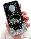 Case Paillettes Pour Honor Magic 5 Lite 5g Sable Mouvant Ours Astronaute Béquille Coque,Bling Maquillage Miroir Pliant Supporter Silicone Flexible Housse Étui De Potection