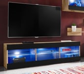 Meuble TV Tivoli RTV Komodee - LED Bleues - Noir Brillant et Bois naturel - 140 x 41 x 35 cm