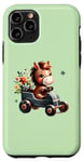 Coque pour iPhone 11 Pro Adorable cheval en voiture avec fleurs sur fond vert