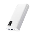 PROMATE 20000mAh Power Bank with Smart LED Display &amp; Super Slim Design. Includes 2x USB-A &amp; 1x USB-C Ports. 2A (Shared) Charging. Auto Voltage Regulation. Charge 3x Devices. White Colour.