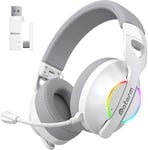 DH30 Casque Gaming sans Fil avec Microphone, 2.4GHz Casque Bluetooth Annulant Le Aruit pour PS4, PS5,PC, Switch, Mac, Casque de Jeu Pliable avec Éclairage RGB, Batterie de 50h - Blanc