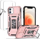 Antichoc Coque Para Iphone 12 6.1',Tpu+Pc Housse Protection De Qualité Militaire Avec Lentille Coulissante Couverture/2* Verre Trempé,Compatible Support De Voiture Magnétique-Or Rose