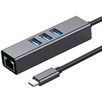 Sovitin HUB 3.0, 3 porttia, USB-C - USB 3.0 + Ethernet RJ45 Gigabit 1000 Mt Windowsille, MacO:ille, Linuxille