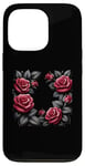 Coque pour iPhone 13 Pro Art botanique floral rose avec feuilles noires, roses d'amour