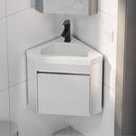 Meuble Lave-Mains d'Angle, avec Robinet, Cabinet de Rangement, Meuble de Lavabo d'Angle, Petit Meuble Suspendu, Blanc, 56 x 30 x 68 cm - UEV