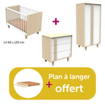 Sauthon Chambre bébé complète Nature : lit 120x60 commode, armoire, plan offert