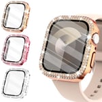 WINGLE 3-Pack Compatible for Apple Watch Screen Protector 41mm Series 9 8 7,Women Shiny Diamond Cover with Tempered Glass Screen Protector for iWatch Case 41mm Series 9 8 7(Rose Gold, Pink, Clear)