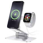 apiker Charger Stand for Magsafe 2-in-1 Foldable Adjustable Aluminum Desktop Phone Stand Holder Applied to iPhone 13/12 Mini/Pro/ Max, Apple Watch 7/6/5/4/3/ (Magsafe Charger Not Included), Silver
