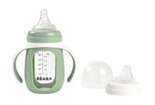 BÉABA, Tasse/Biberon d'apprentissage 2 en 1, En Verre, Housse Silicone, Solide, Sain, 100% Etanche, Poignées amovibles, 210ml, Vert sauge