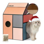 Conlun Cardboard Cat House with Cat Scratcher Pad&Catnip,Easy-to-Assemble Cat Scratch Cardboard House for Various Home Decor,Cat Scratching Board Toy for Indoor Cats&Small Animals Birthday