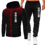 Herr \"Boss\"" Tryckt Träningsoverall Set Dragkedja Hoodie Jacka Joggers Byxor Sportkläder Outfit Aktivkläder M-3XL Black-Black 3XL"