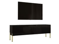 Meuble TV En Noir Mat / Noir Brillant Avec Pieds En Or, 140 X 52 X 32 Cm