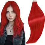 RUNATURE Extension Adhesive Rouge Extension Cheveux Humain Adhesif Bande Extension Cheveux Naturel Rouge Extension Tape Remy Hair 12 Pouces/30cm 10 Pièces/20g #Red