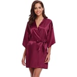 GROPC Women Satin Dressing Gown,Valentines Day Sexy Lingerie Silk Silky Solid Color Babydoll Kimono Bridal Bridesmaid Wedding Short Robe Dress Bathrobe Nightie Sleepwear,Purplish Red,L