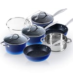 Kitchen Academy 15 Pieces Non-Stick Cookware Set, Nonstick Induction Granite-Coated Pot Pan Set, Includes Lids, Frying and Pans Accessories - Aluminium Hammered Blue