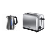 Russell Hobbs 23211 Luna Quiet Boil Electric Kettle, Stainless Steel, 3000 W, 1.7 Litre, Grey & 24080 Adventure Two Slice Toaster, Stainless Steel, 2 Slice, Brushed and Polished