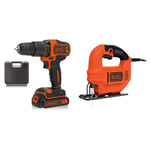 BLACK+DECKER 18 V Cordless 2-Gear Combi Hammer Drill Power Tool with Kitbox, 1.5 Ah Lithium-Ion, BCD700S1K-GB, Orange & Black + Decker KS501-GB 400 W Compact Jigsaw with Blade