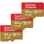 Lot de 3 Carte Mémoire microSDXC SanDisk Extreme 64 Go A2 jusqu'à 170 Mo/s écriture 80Mo/s avec A2 App Performance Classe 10 U3 V30