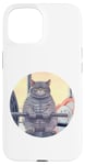 iPhone 15 Cute Grey Fit Muscle Cat Sitting on Gym Lifting Bench Case