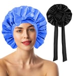 Pack of 2 Satin Hair Bonnets for Women - Double-Sided Silk Bonnet for Sleeping, Hair Protection for The Night, Hair Bonnet for Bath, Tie Band for Women Long Curly Braid Hair Black Blue