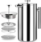 KICHLY Stainless Steel French Press - Double Wall Coffee Press - Stainless Steel