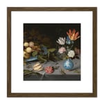 Van Der Ast Still Life Fruit Flowers Painting 8X8 Inch Square Wooden Framed Wall Art Print Picture with Mount