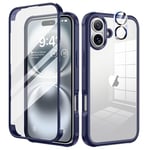 seacosmo for iPhone 16 Case, Full-Body Shockproof Case [Built-in Glass Screen Protector] [Camera Lens Protector] 360° Front and Back Cover for iPhone 16 6.1 Inch - Blue/Clear