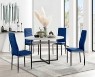 Adley Grey Concrete Effect And Black Round Dining Table with  Shelf and 4 Velvet Milan Dining Chairs