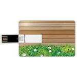 32G USB Flash Drives Credit Card Shape Watercolor Flower Memory Stick Bank Card Style Daisy Leafs and Water Droplets Wood Fence Spring Nature Theme,Green Brown Waterproof Pen Thumb Lovely Jump Drive U