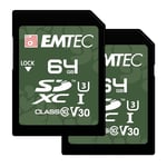 EMTEC - 2X Cartes Mémoires SD UHS-I U3 V30 Outdoor ECMSD64GXCU3ORP2 - Résistance à l’Eau IPX7, pour Caméra Extérieure, Drône - Vidéo Full HD, 4K UHD - 64Go/GB