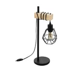 EGLO Townshend 5 Industrial Table Lamp, Vintage Bedside Light in Black Steel and Brown Wood, Retro Table Lighting, E27 Socket, Incl. Switch