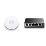 TP-Link Point d’accès WiFi 6 EAP660 HD - WiFi 6 Bi-Band AX3600 - Port Ethernet 2.5G PoE+ - Seamless Roaming - Blanc & Switch PoE (TL-SG1005P V2) 5 Ports Gigabit, 4 Ports PoE+, 65W