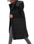 Tuopuda Doudoune sans Manche Femme, Veste Longue sans Manche Manteau sans Manche Automne Hiver Chaud Gilet sans Manche à Capuche Zippée Hooded Coat Matelassé Légère Waistcoat, Noir, S