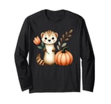 Cute Forest Animal Holding Flower and Pumpkin Illustration Long Sleeve T-Shirt