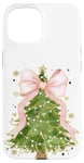 Coque pour iPhone 15 Coquette rose avec nœud en ruban et sapin de Noël vert pour fille