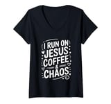 Womens I Run on Jesus Coffee and Chaos V-Neck T-Shirt