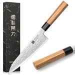 XINZUO 21,5cm Acier Damas Couteau de Chef, Professionnel Couteau de Cuisine de Style Japonais Couteau Damassé pour Couper la Viande et les Légumes -Poignée en Bois d'Olivier et Corne de Buffle Noire