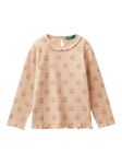 Benetton Kids' Cat Motif Ribbed Long Sleeve T-Shirt, Multi