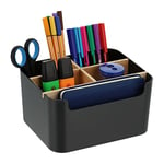 Relaxdays Organiseur de Bureau, 5 Compartiments, Plastique et Bois, Moderne, HxLxP : 9,5 x 18 x 15 cm, Noir