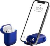 AirStand - Boitier AirPods avec Support de téléphone Invisible, Compatible avec Les AirPods séries 1 et 2, Coque Antichoc en TPU et PC avec Protection complète avec Mousqueton Porte-clés,Bleu