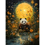 Harvest Moon Panda Landscape Oil Painting Panda Bear in a Wildflower Meadow with Flowing Stream Kids Bedroom Unframed Wall Art Print Poster Home Decor