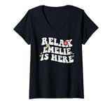 Womens Retro Groovy Relax EMELIE Is Here Funny Mother's Day Name V-Neck T-Shirt