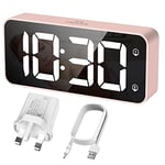 HERMIC Digital Alarm Clock Bedside Mains Powered Large Digital Led Display, Full-Range Brightness Dimmer, Adjustable Alarm Volume, Snooze, Dual Alarm, 12/24H, Easy to Use Pink