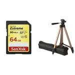 SanDisk Extreme 64GB SDXC Memory Card up to 90MB/s, Class 10, U3, V30 & AmazonBasics 127cm (50") Lightweight Tripod with Bag