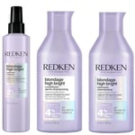 REDKEN, Shampoing + Après-Shampoing + Pré-Traitement Éclat pour Cheveux Blonds Ternes, Enrichi à la Vitamine C, Blondage High Bright, 300 ml + 300 ml + 250 ml