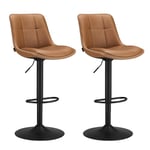 VASAGLE Tabourets de Bar, Lot de 2, Chaise de Cuisine, Siège Pivotant à Hauteur Réglable, Matelassé, en PU, avec Dossier et Repose-Pieds, Salle à Manger, Comptoir, Acier, Marron Caramel LJB095K01