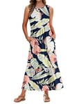 AUSELILY Robe Longue Femme Ete Robe sans Manches Robe de Plage Longue Legere Fluide Maxi Robe Taille Empire avec Poches Fleur Rose Marine XL